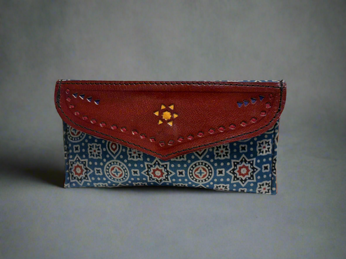 Handcrafted Leather and Ajrakh wallet (Clutch)