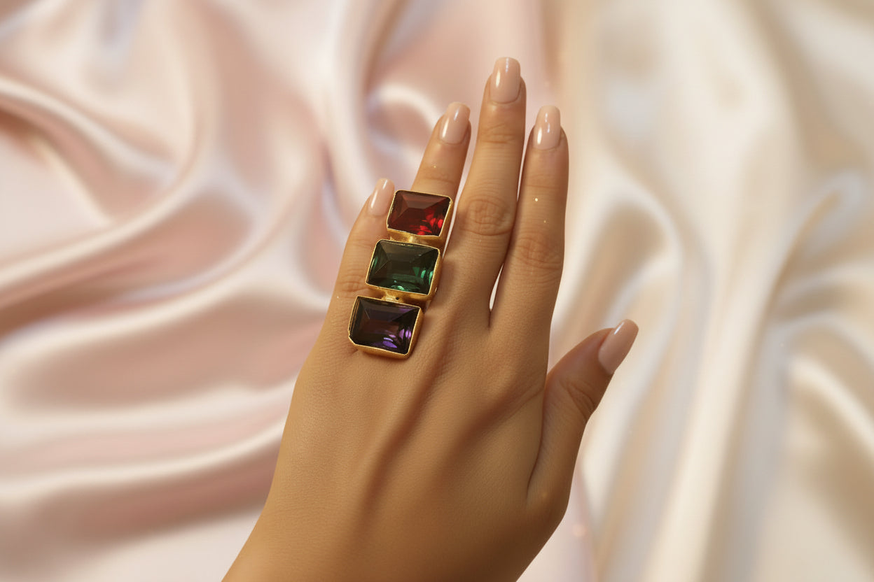 Bold Triple-Stone Geometric Statement Ring