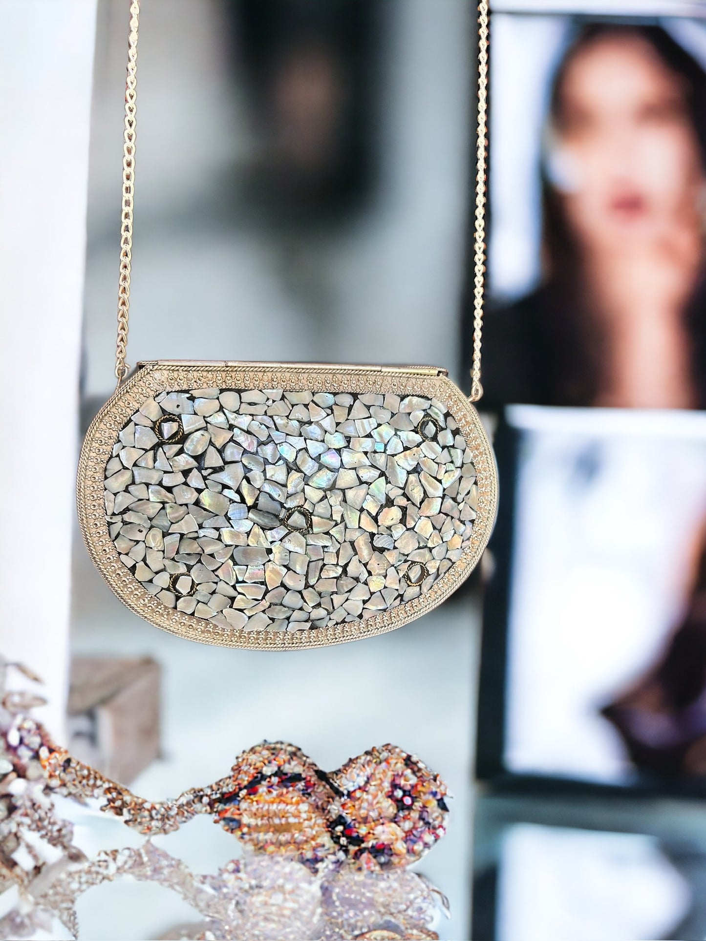 Round White stone Metal Purse (M)