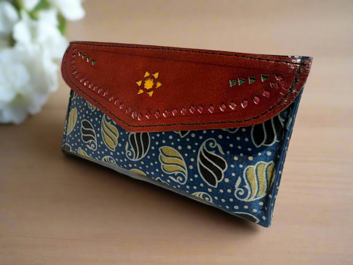 Handcrafted Leather and Ajrakh wallet (Clutch) Green