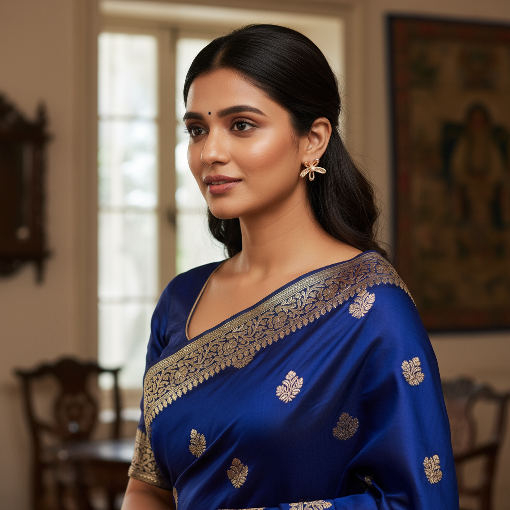 Woman wearing a blue saree with gold embroidery indoors