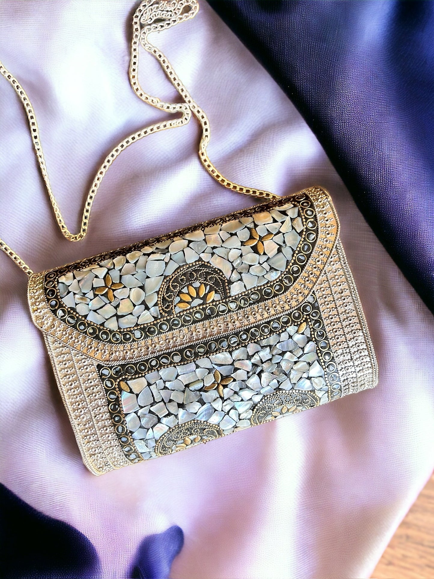 White Studded Stones Oxidized Metal Purse - (M)