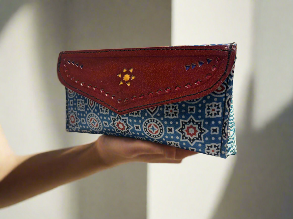 Handcrafted Leather and Ajrakh wallet (Clutch)