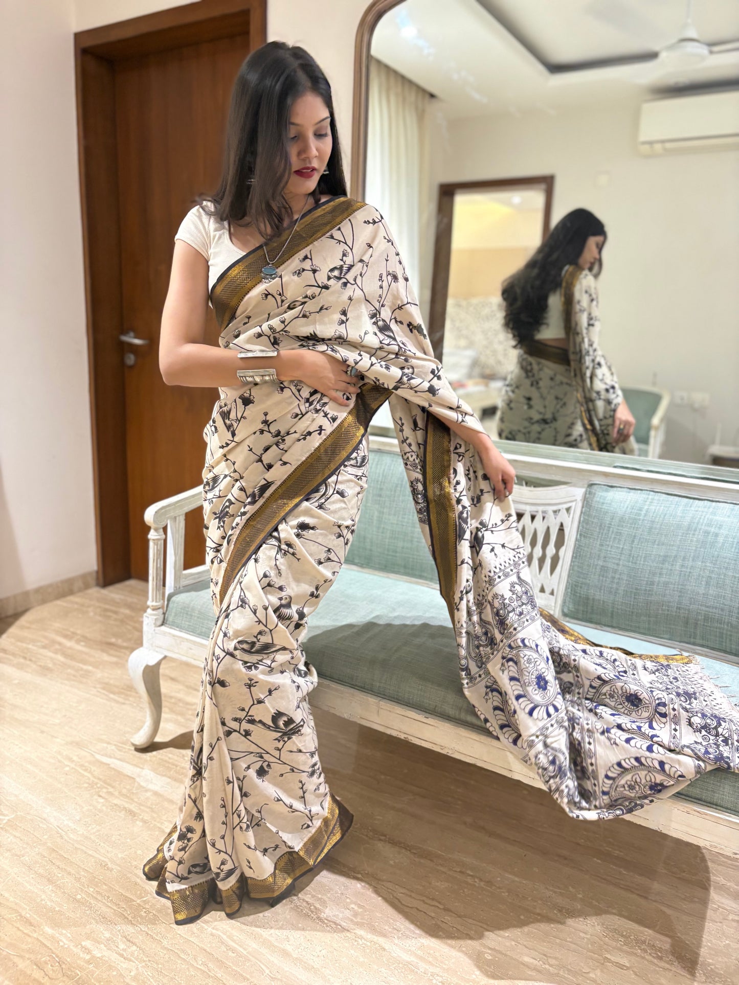 Kalamkari Beige Pure silk Saree