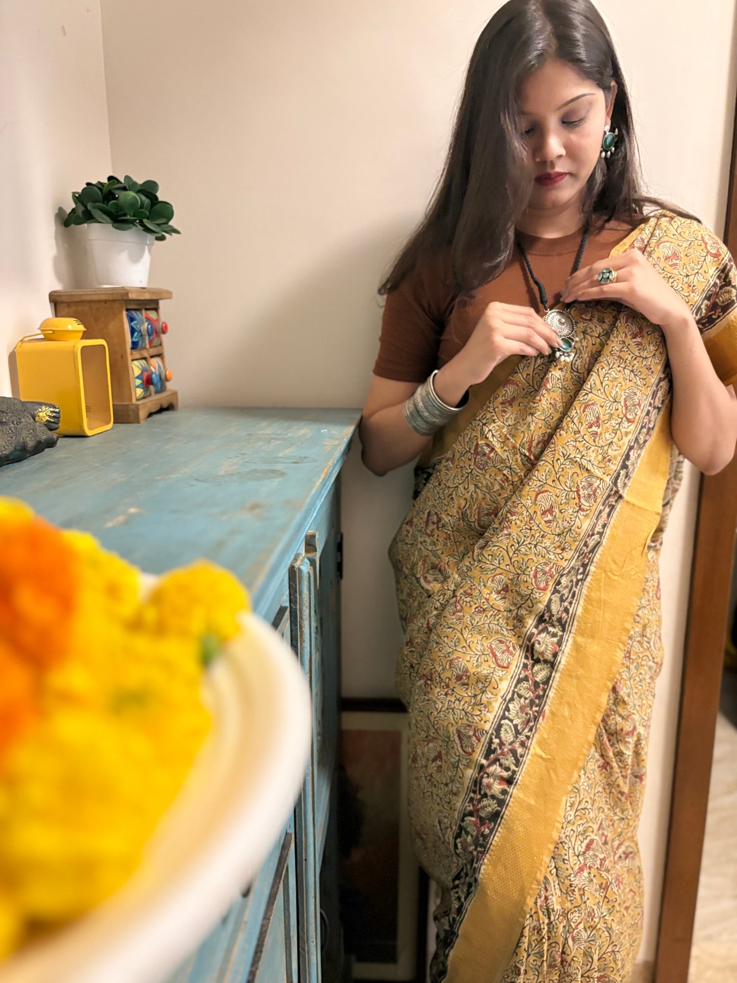 Nizam Border Handblock Kalmakari Pure silk Saree