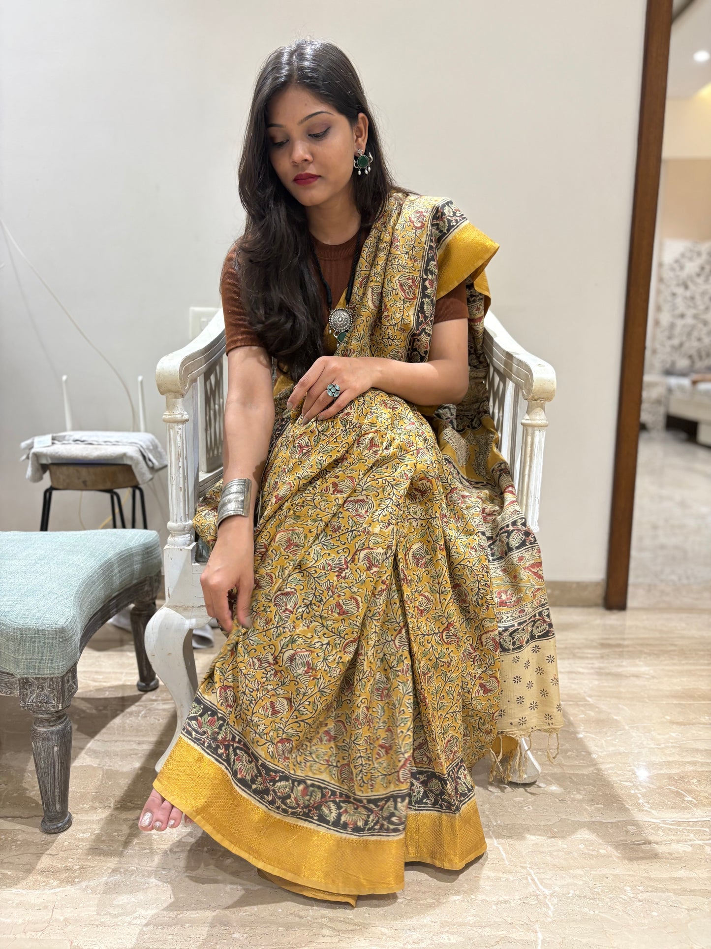 Nizam Border Handblock Kalmakari Pure silk Saree