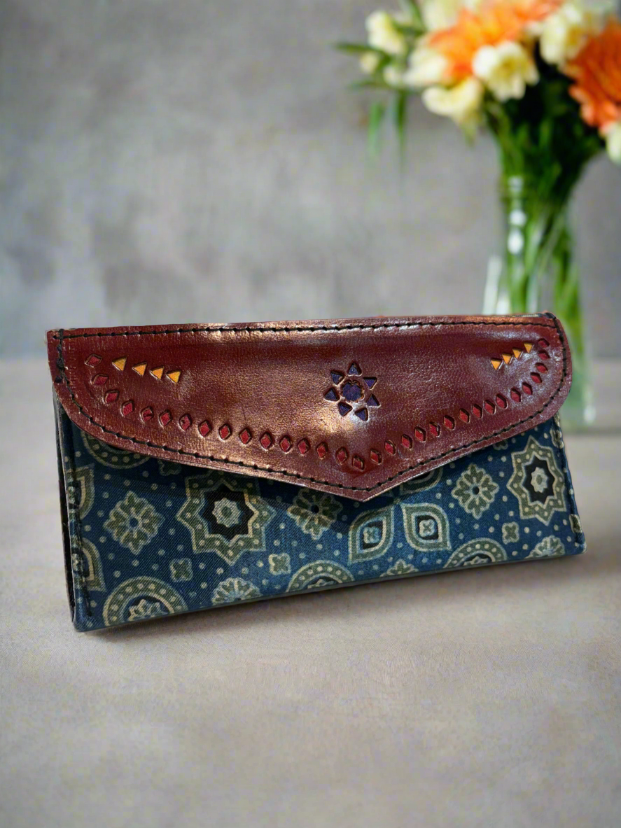 Handcrafted Leather and Ajrakh wallet (Clutch)