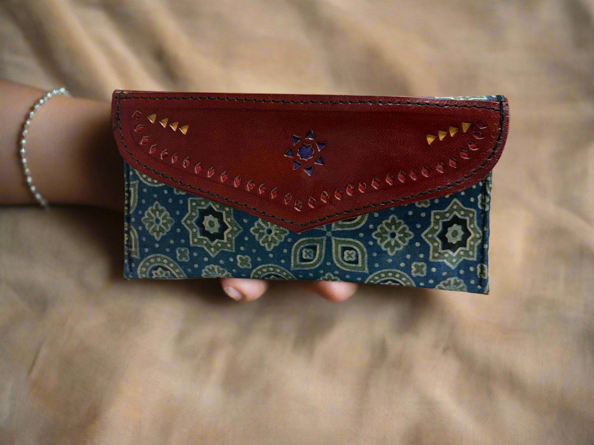 Handcrafted Leather and Ajrakh wallet (Clutch)