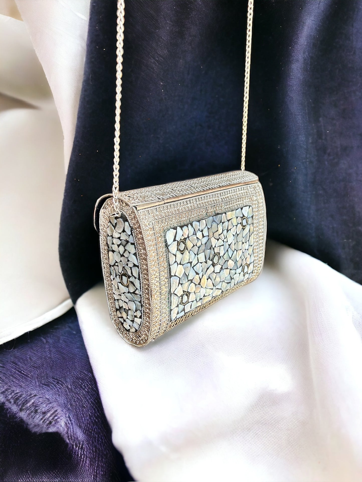 White Studded Stones Oxidized Metal Purse - (M)