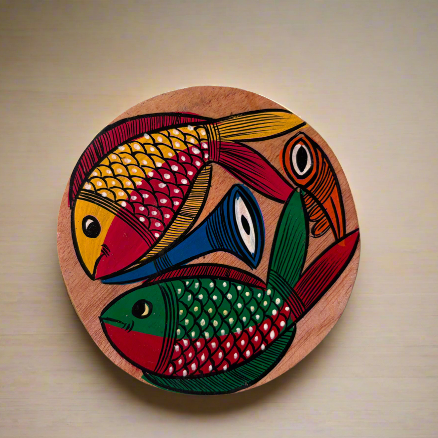 Wooden coaster with colorful fish design on a beige background