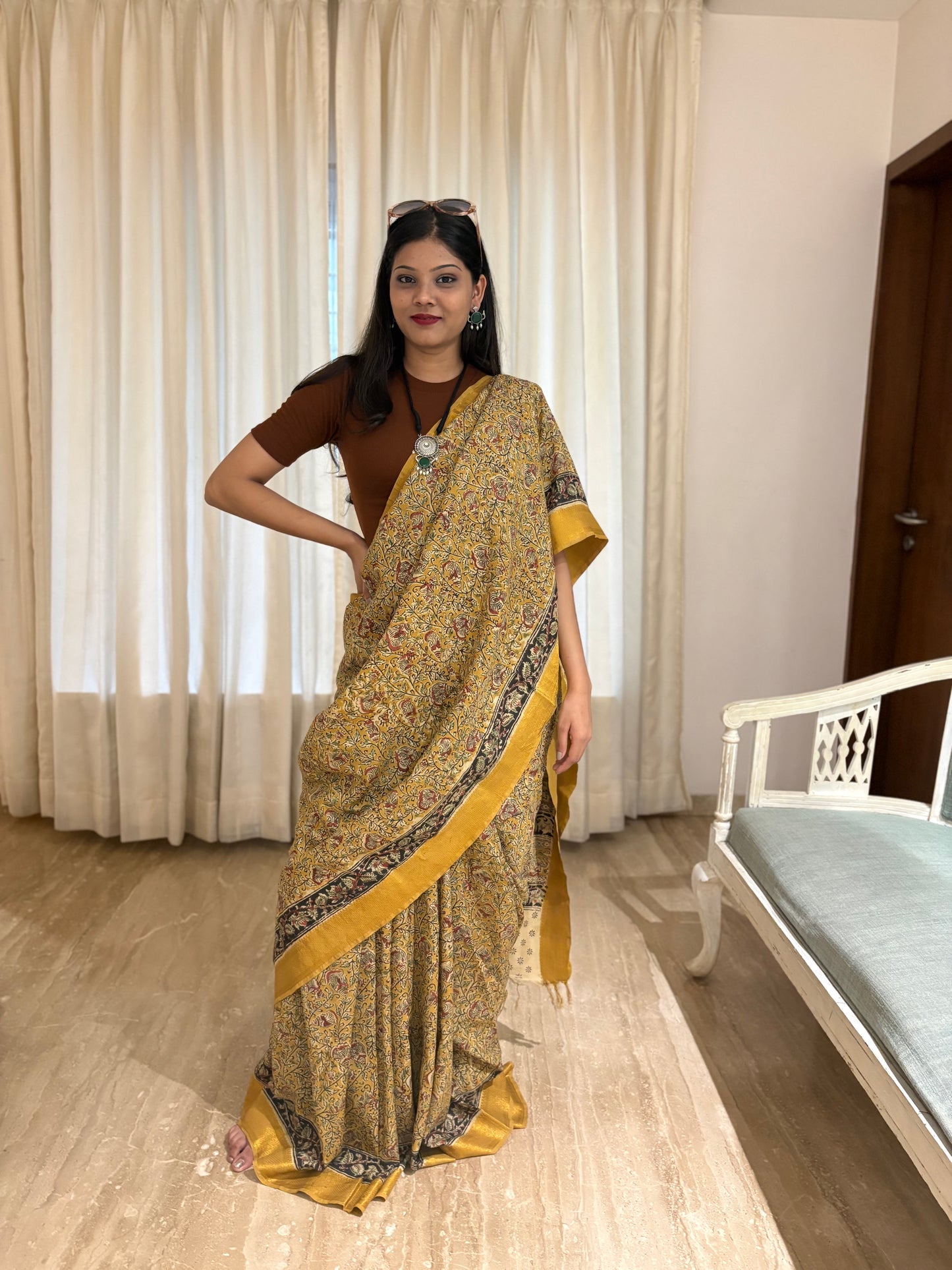 Nizam Border Handblock Kalmakari Pure silk Saree