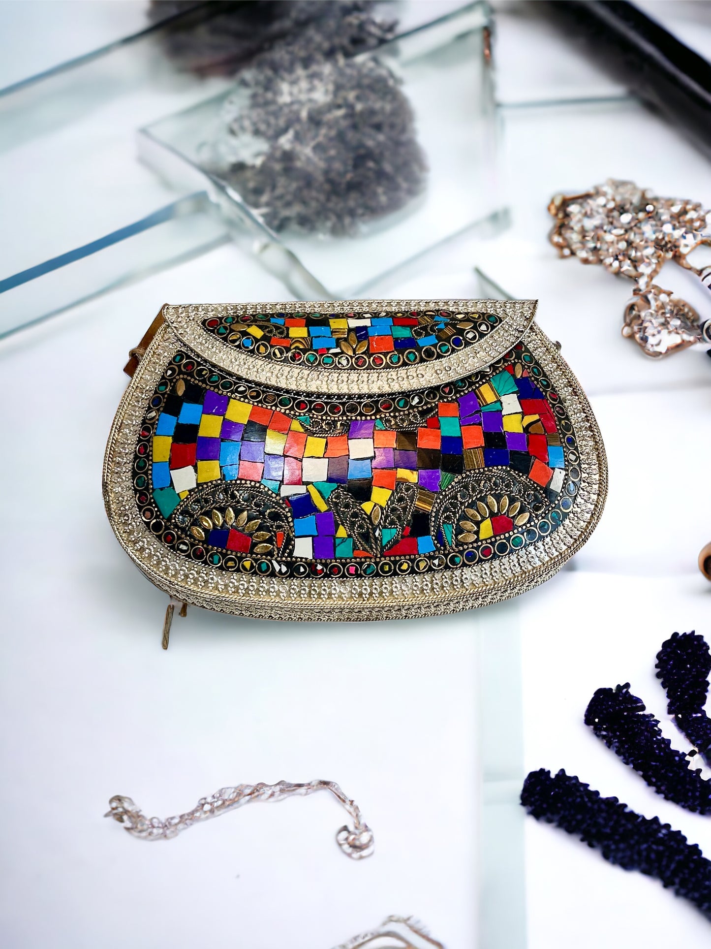 Colourful Studded Stones Oxidized Metal Purse - 1 Unit