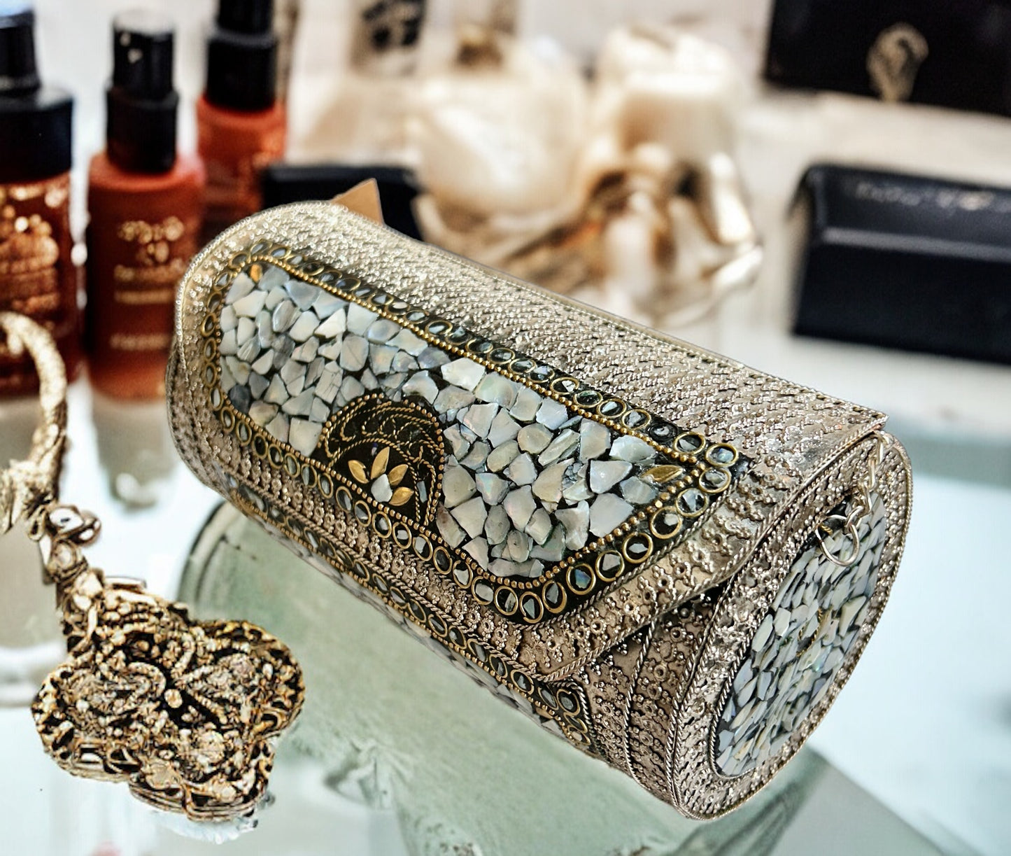 White & Grey Studded Stones Oxidized Metal Purse - 1 Unit