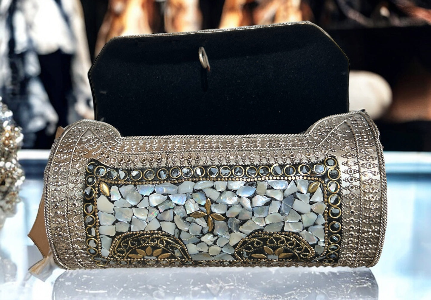 White & Grey Studded Stones Oxidized Metal Purse - 1 Unit