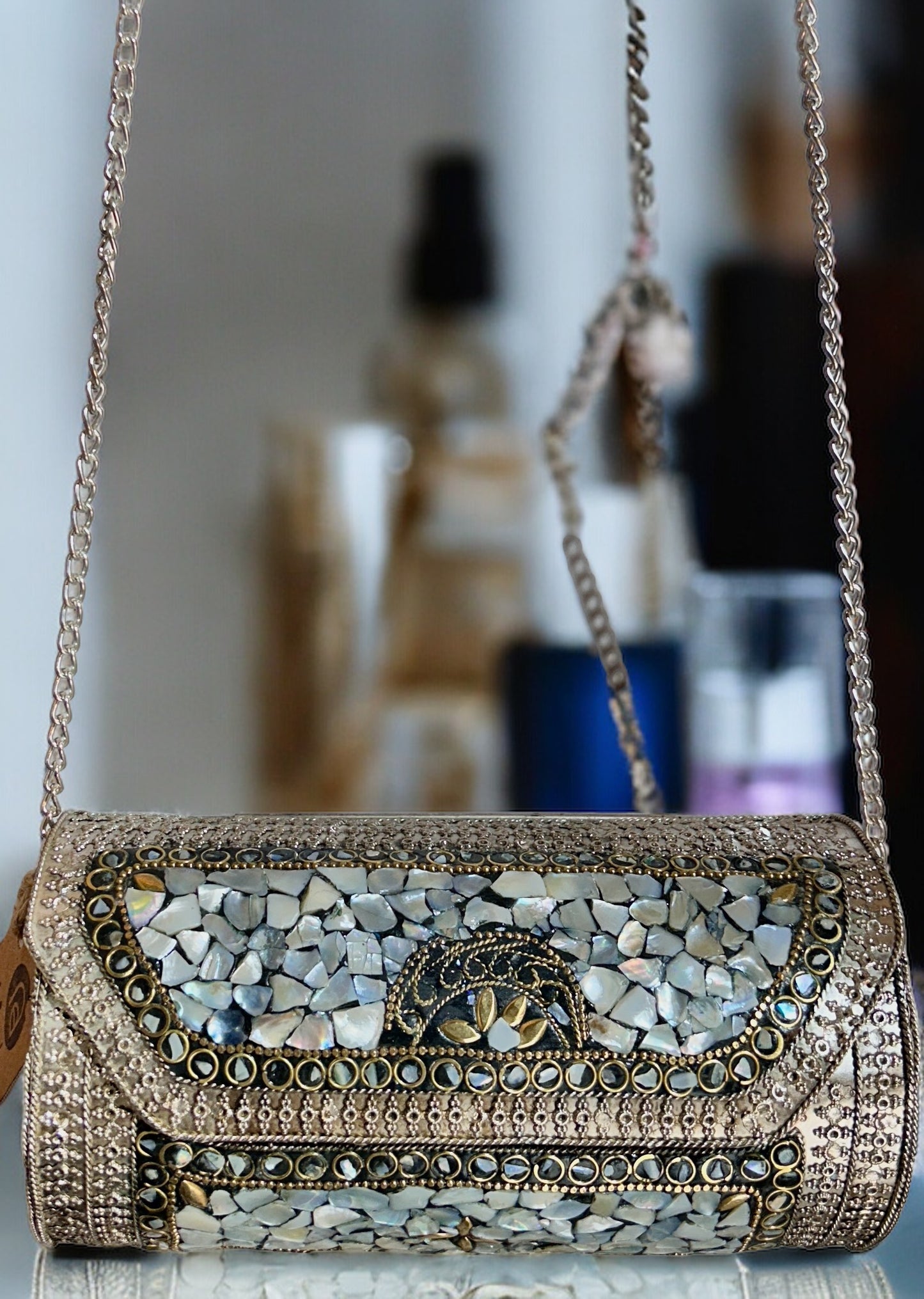 White & Grey Studded Stones Oxidized Metal Purse - 1 Unit