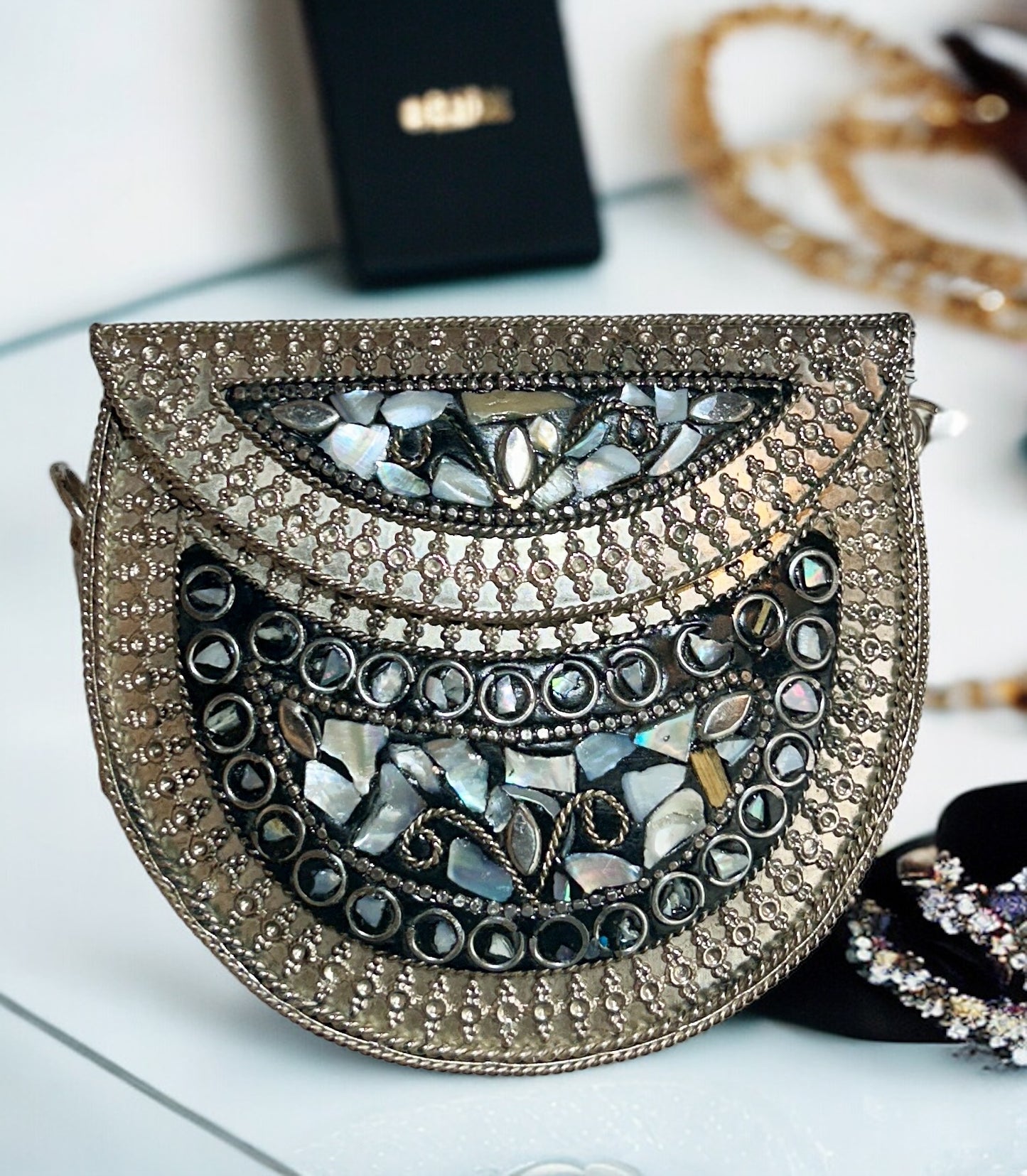 Black & Grey studded stones on Metal Purse  - Available in 2 small & medium sizes