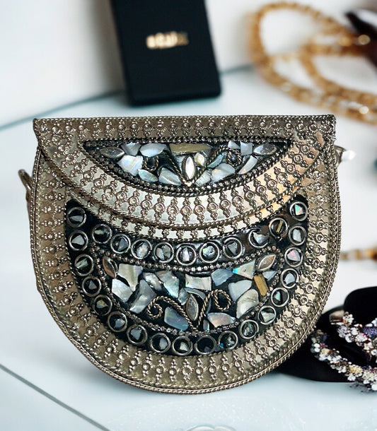 Black & Grey studded stones on Metal Purse  - Available in 2 small & medium sizes