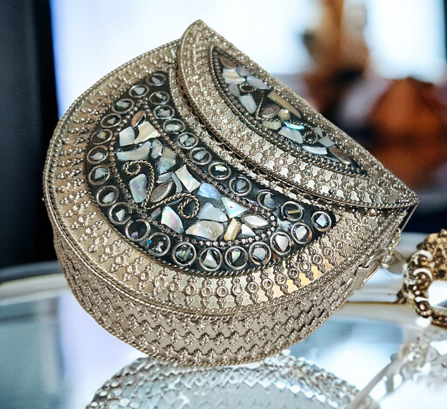 Black & Grey studded stones on Metal Purse  - Available in 2 small & medium sizes
