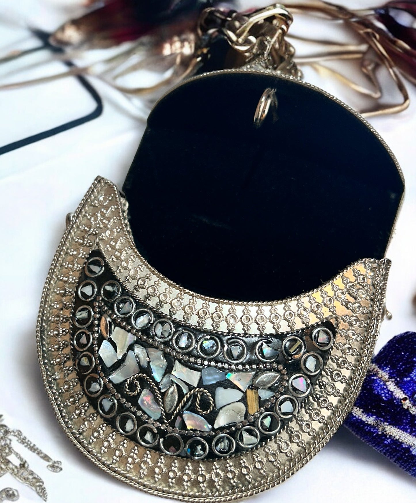 Black & Grey studded stones on Metal Purse  - Available in 2 small & medium sizes