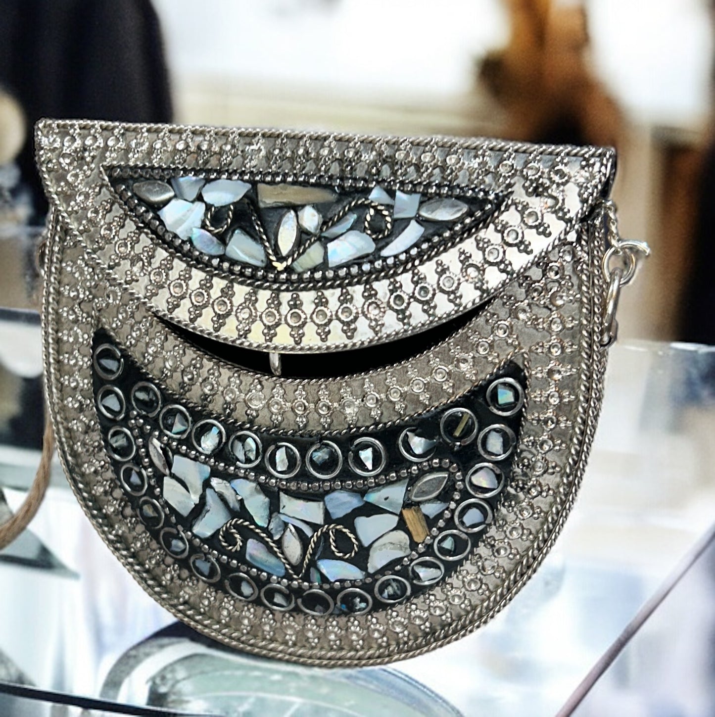 Black & Grey studded stones on Metal Purse  - Available in 2 small & medium sizes