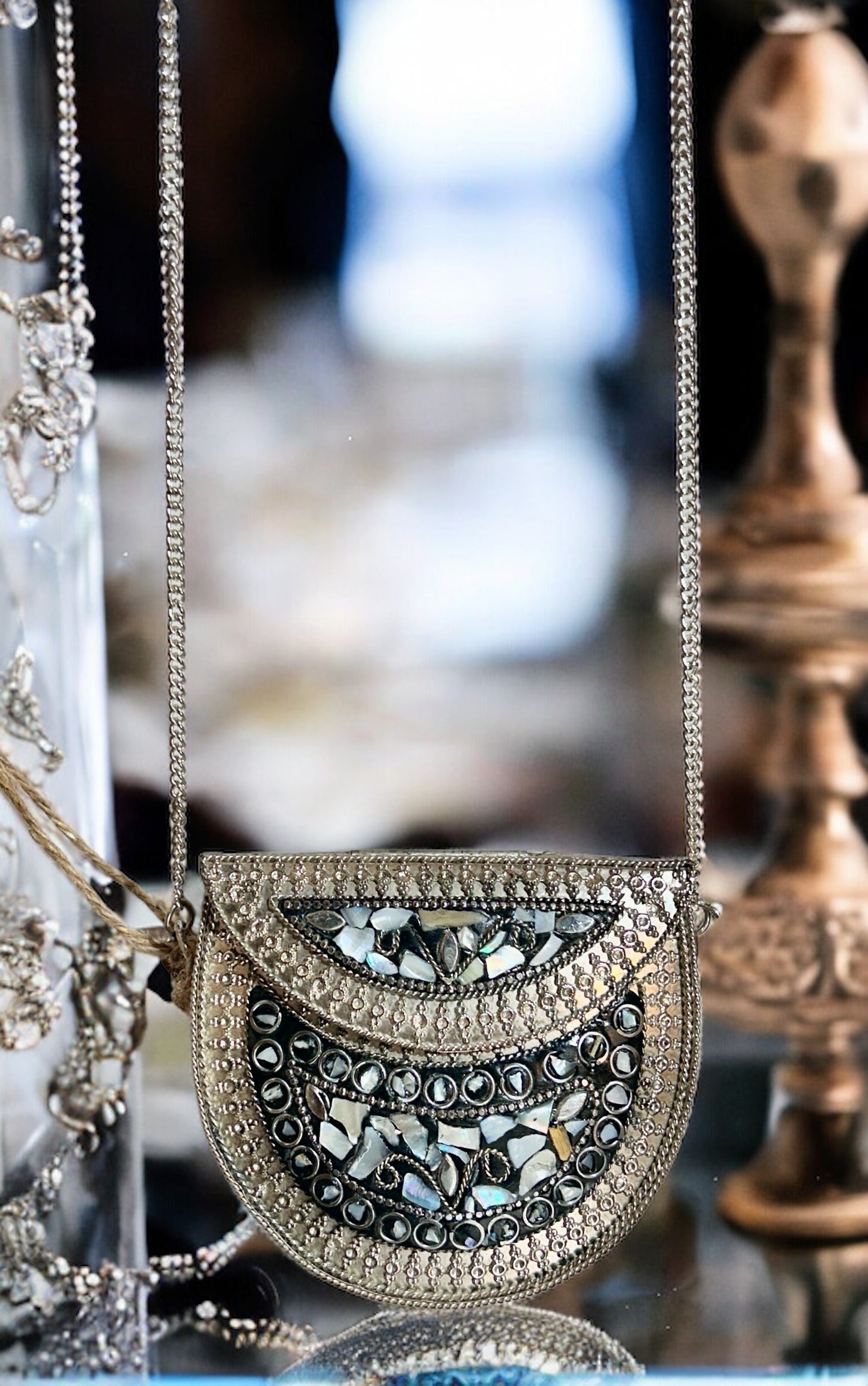 Black & Grey studded stones on Metal Purse  - Available in 2 small & medium sizes