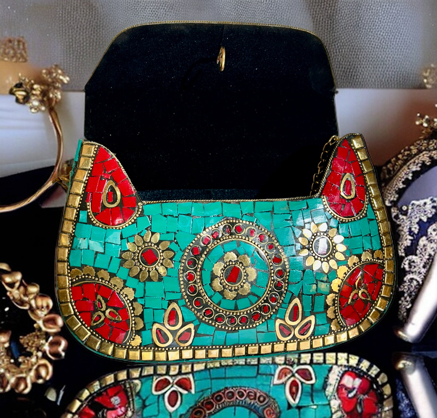 Studded Stones Oxidized Metal Purse - 1 Unit