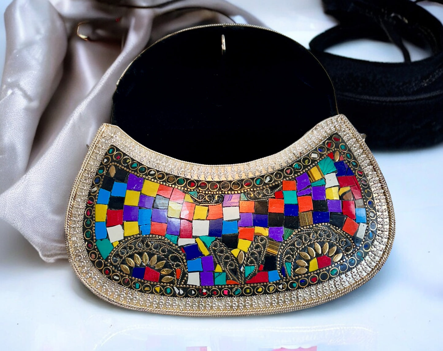 Colourful Studded Stones Oxidized Metal Purse - 1 Unit