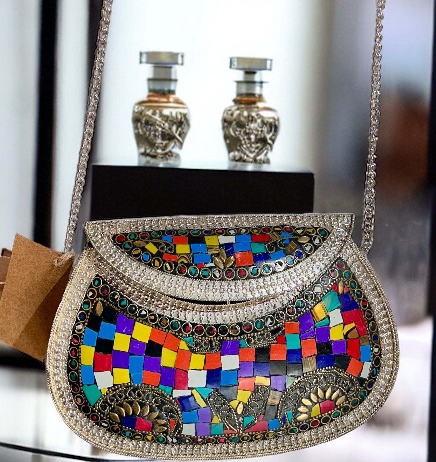 Colourful Studded Stones Oxidized Metal Purse - 1 Unit