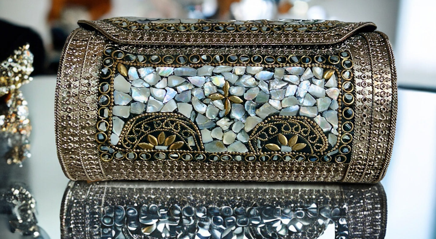 White & Grey Studded Stones Oxidized Metal Purse - 1 Unit