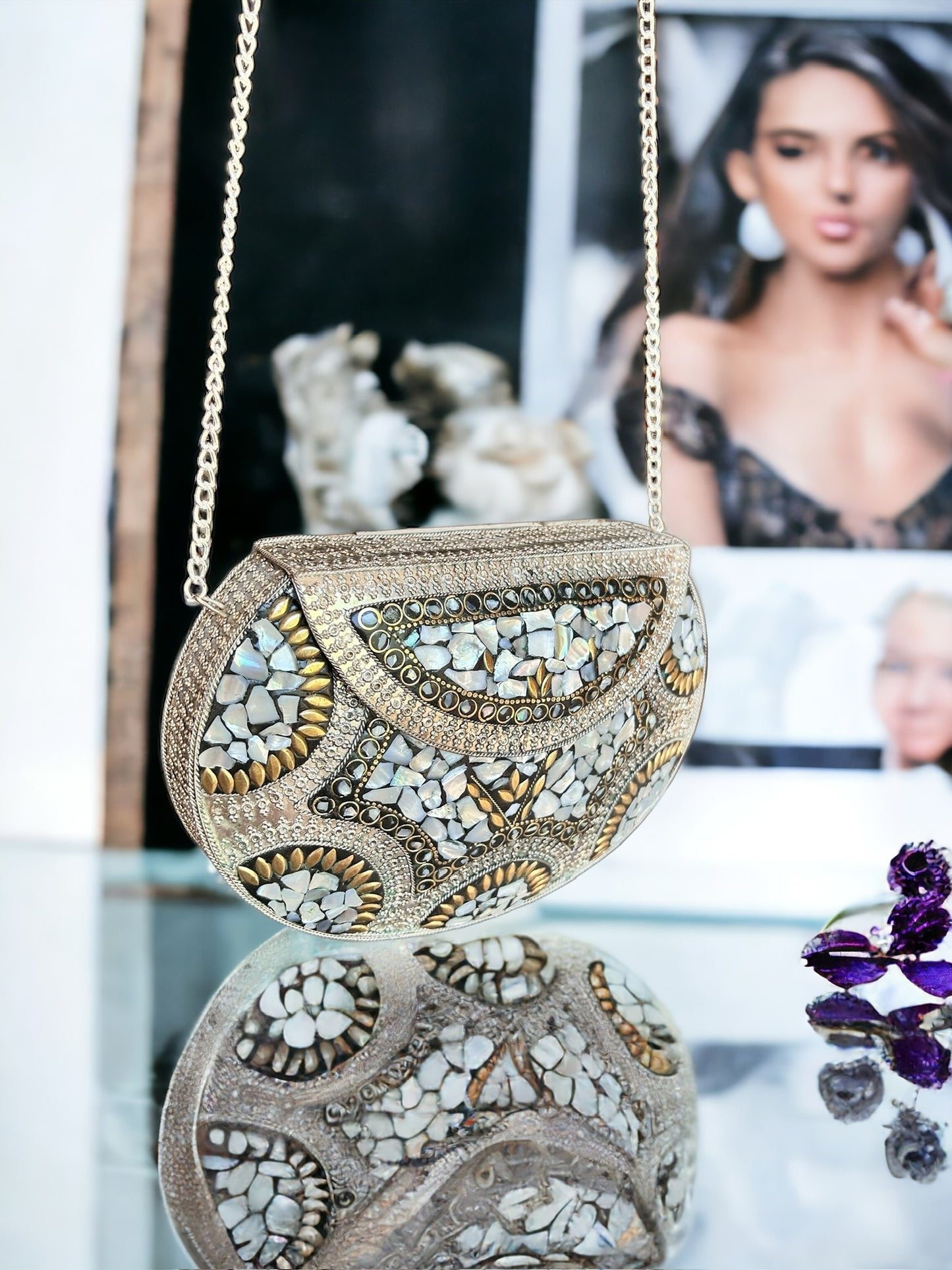 Round White stone Metal Purse (M)