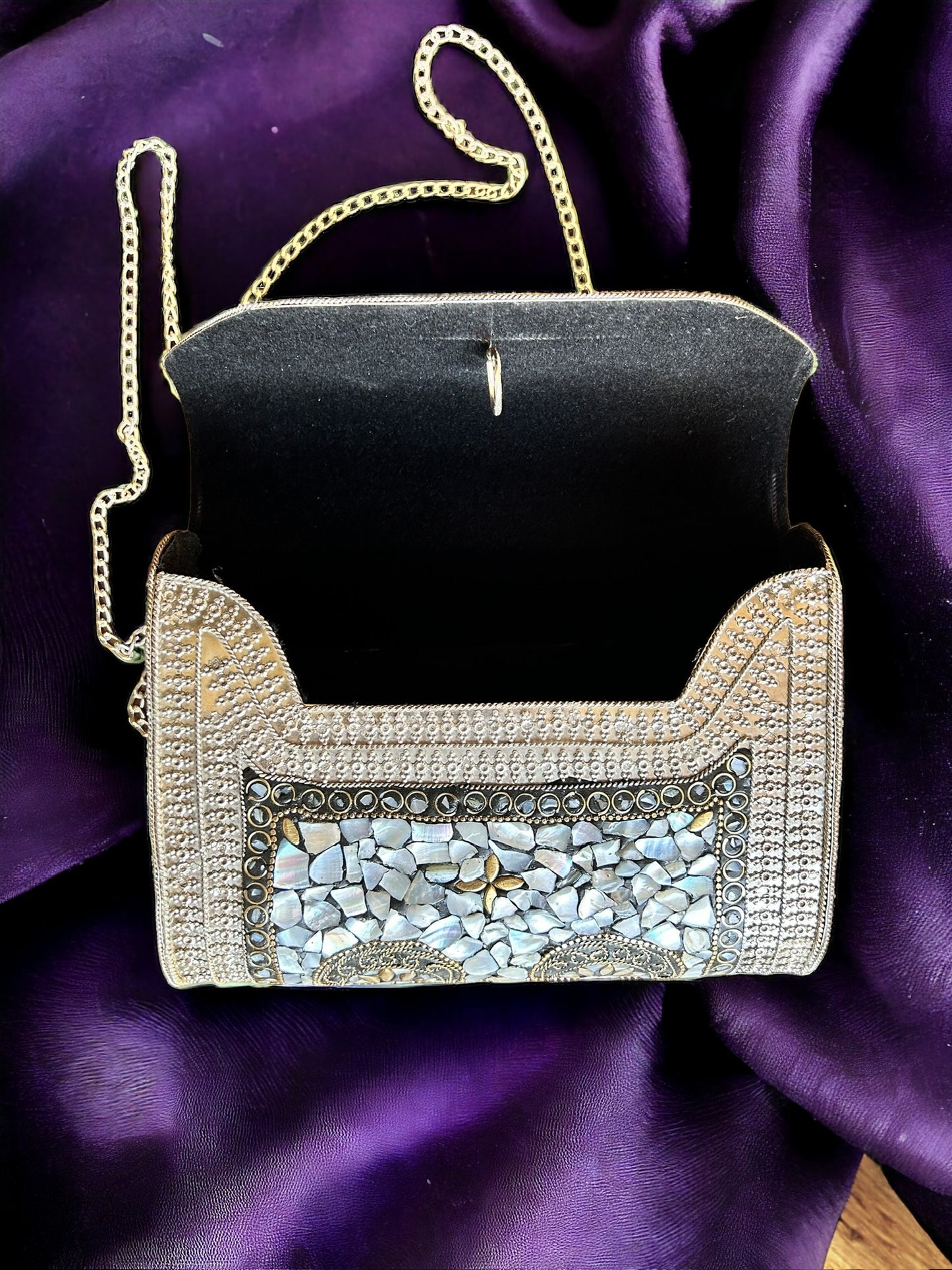 White Studded Stones Oxidized Metal Purse - (M)