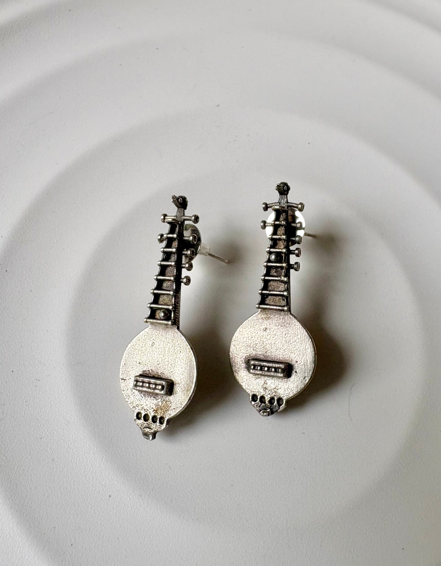 Silver Plated Oxidised Mandolin Earrings