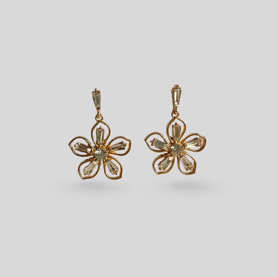 Pair of gold flower-shaped earrings on a light gray background