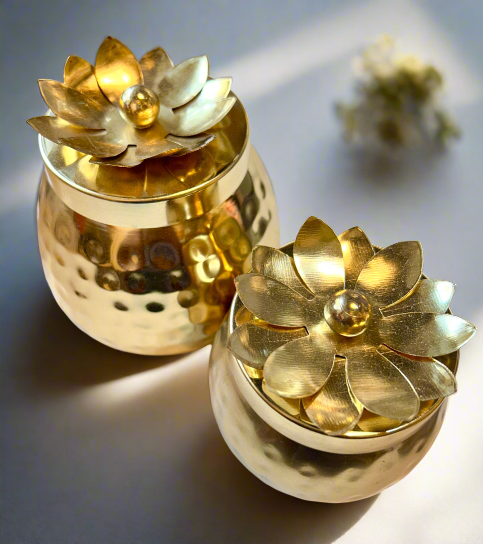 Metal (Brass Polished) Lotus Container with Lid - Set of two (Medium & Small sizes)