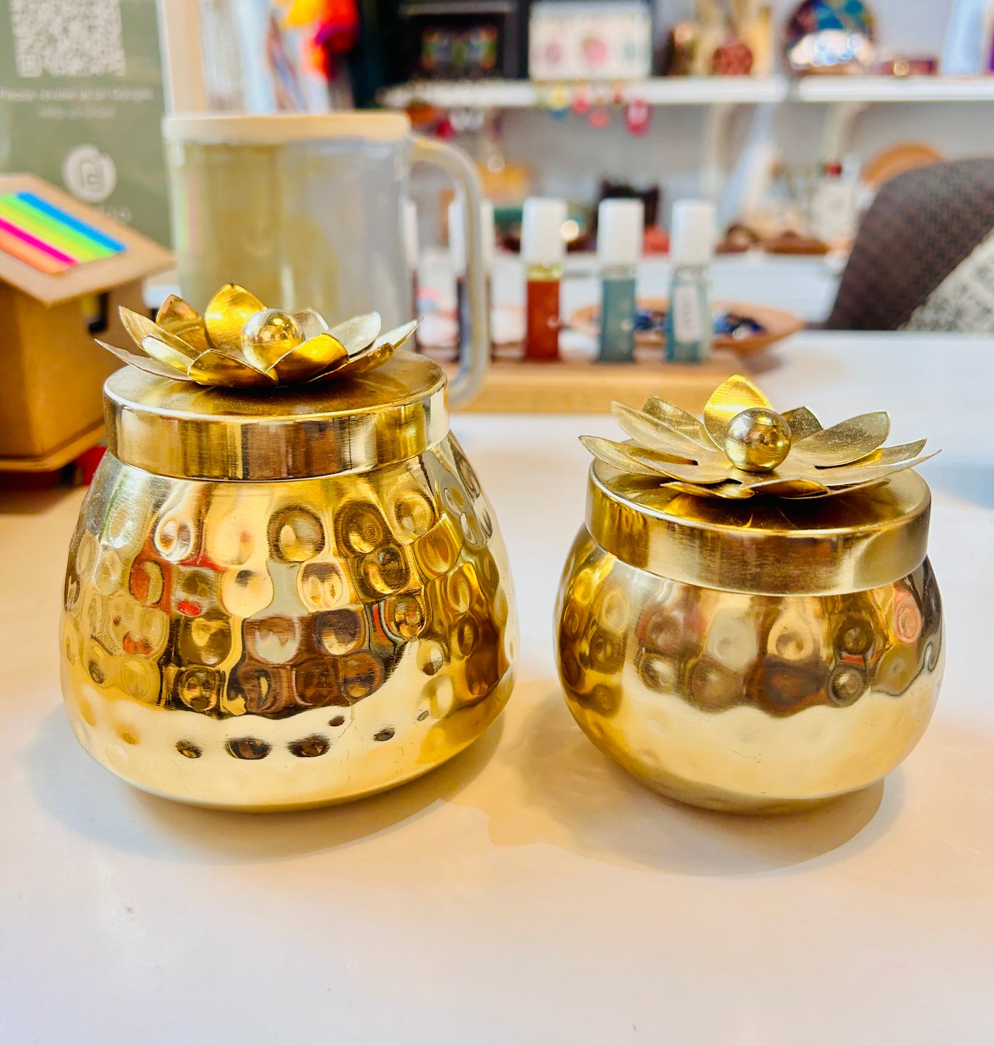 Metal (Brass Polished) Lotus Container with Lid - Set of two (Medium & Small sizes)