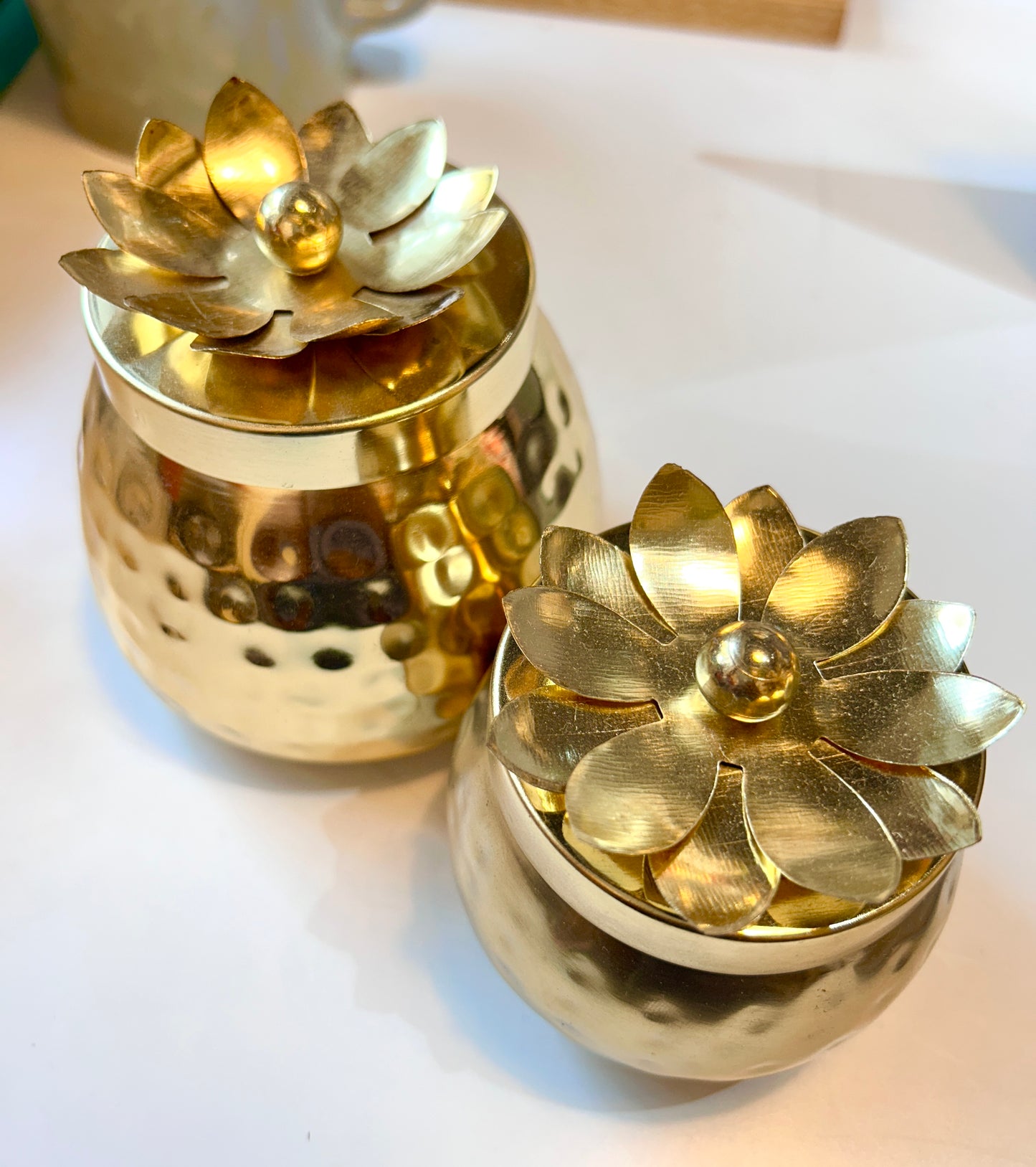 Metal (Brass Polished) Lotus Container with Lid - Set of two (Medium & Small sizes)