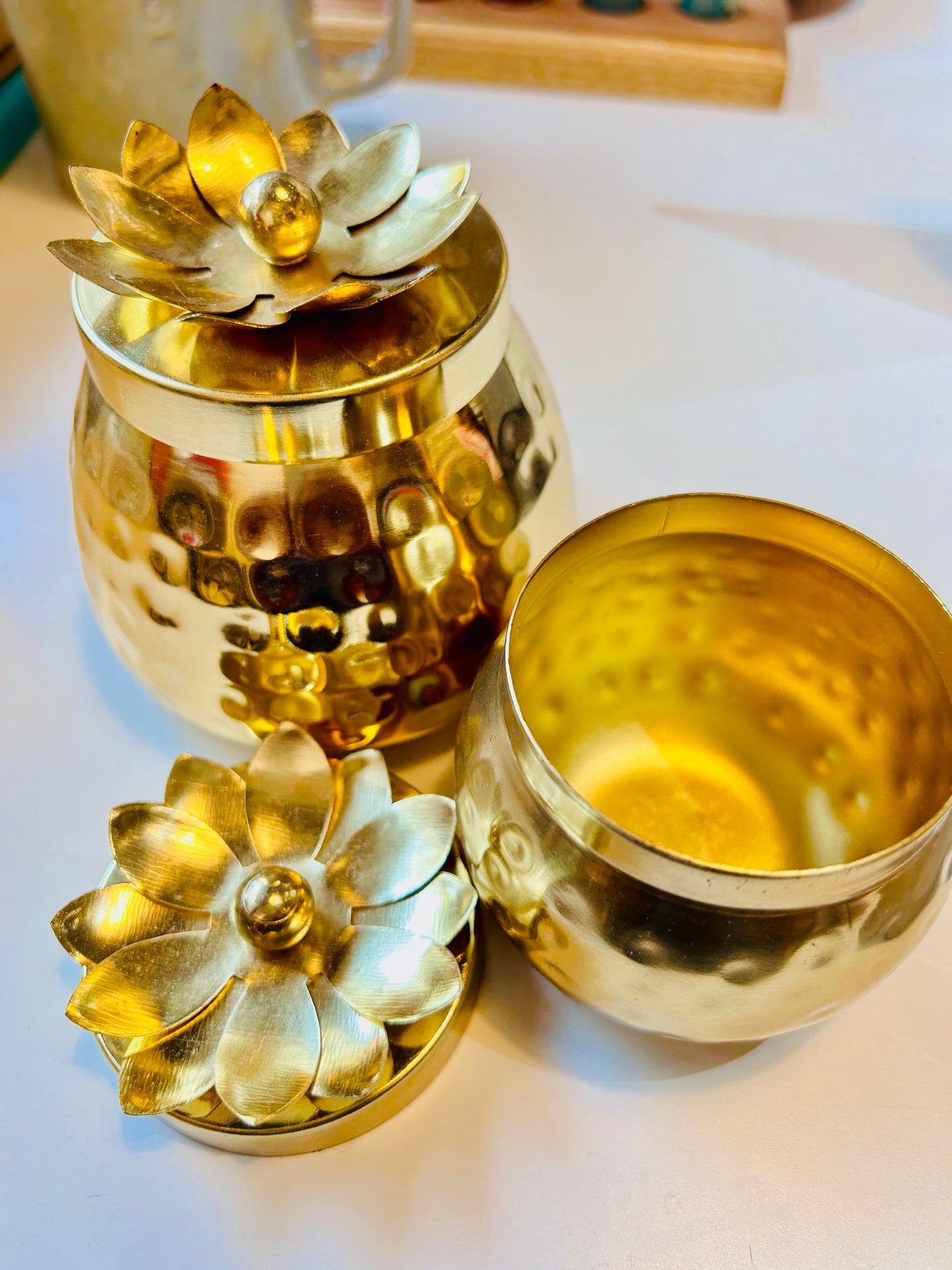 Metal (Brass Polished) Lotus Container with Lid - Set of two (Medium & Small sizes)