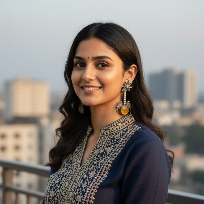 Woman in a navy blue traditional outfit with gold embroidery, standing against an urban skyline.