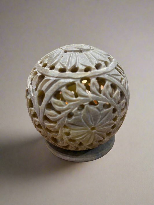 Handmade Soapstone Flower carving Round Tea Light Candle Holder