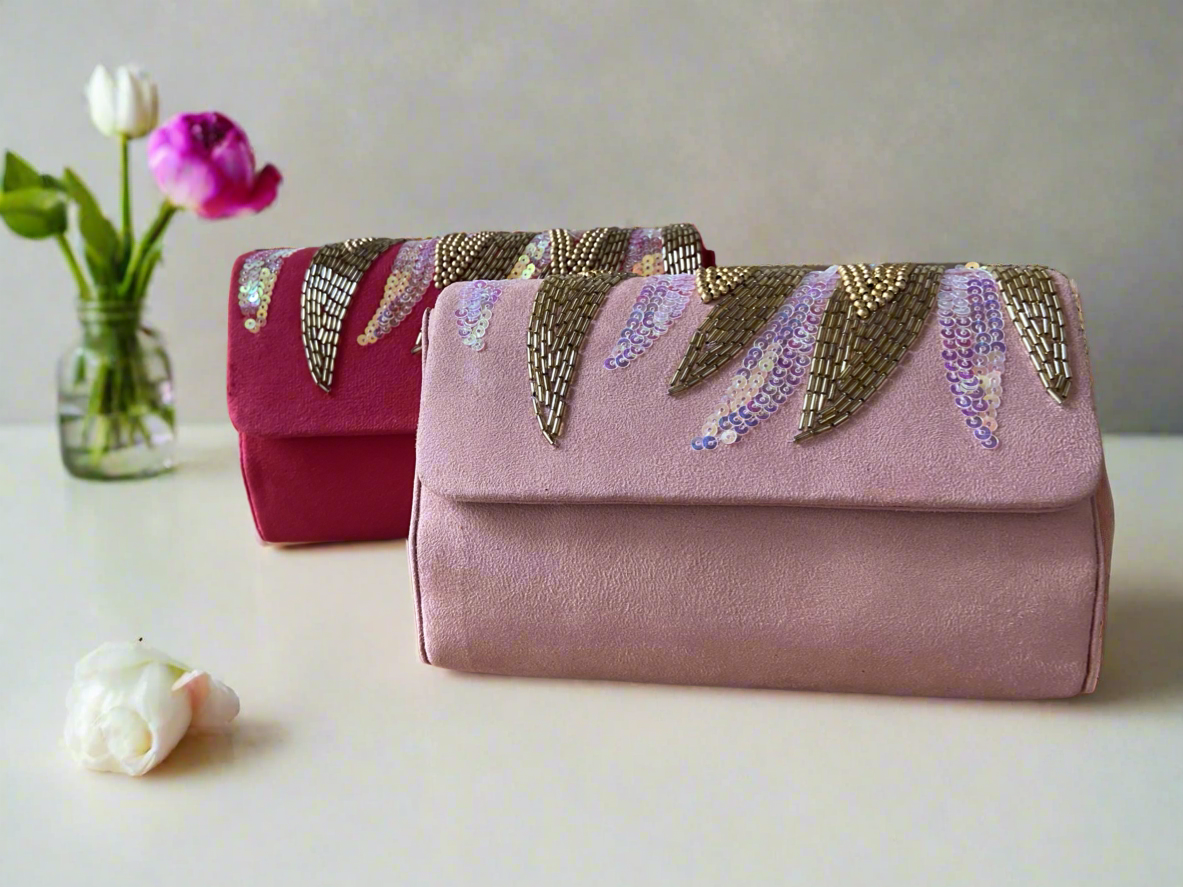 Pink velvet hand embroidered Clutch