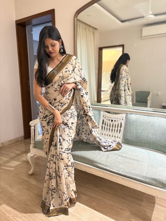 Kalamkari Beige Pure silk Saree