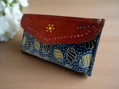 Handcrafted Leather and Ajrakh wallet (Clutch) Green