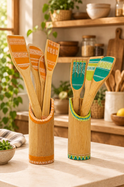 Handpainted Bamboo Cooking Utensil Set