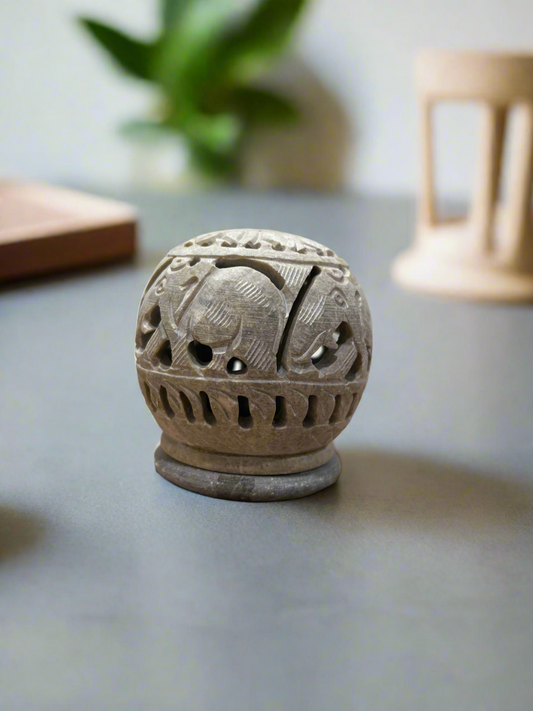 Handmade Soapstone Elephant carving Round Tea Light Candle Holder