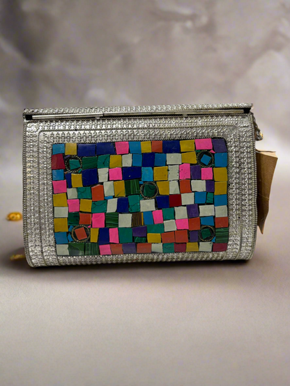 Colourful Studded Stones Oxidized Rectangular Metal Purse