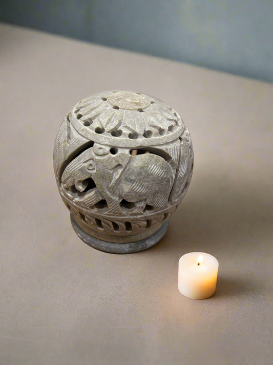 Handmade Soapstone Elephant carving Round Tea Light Candle Holder