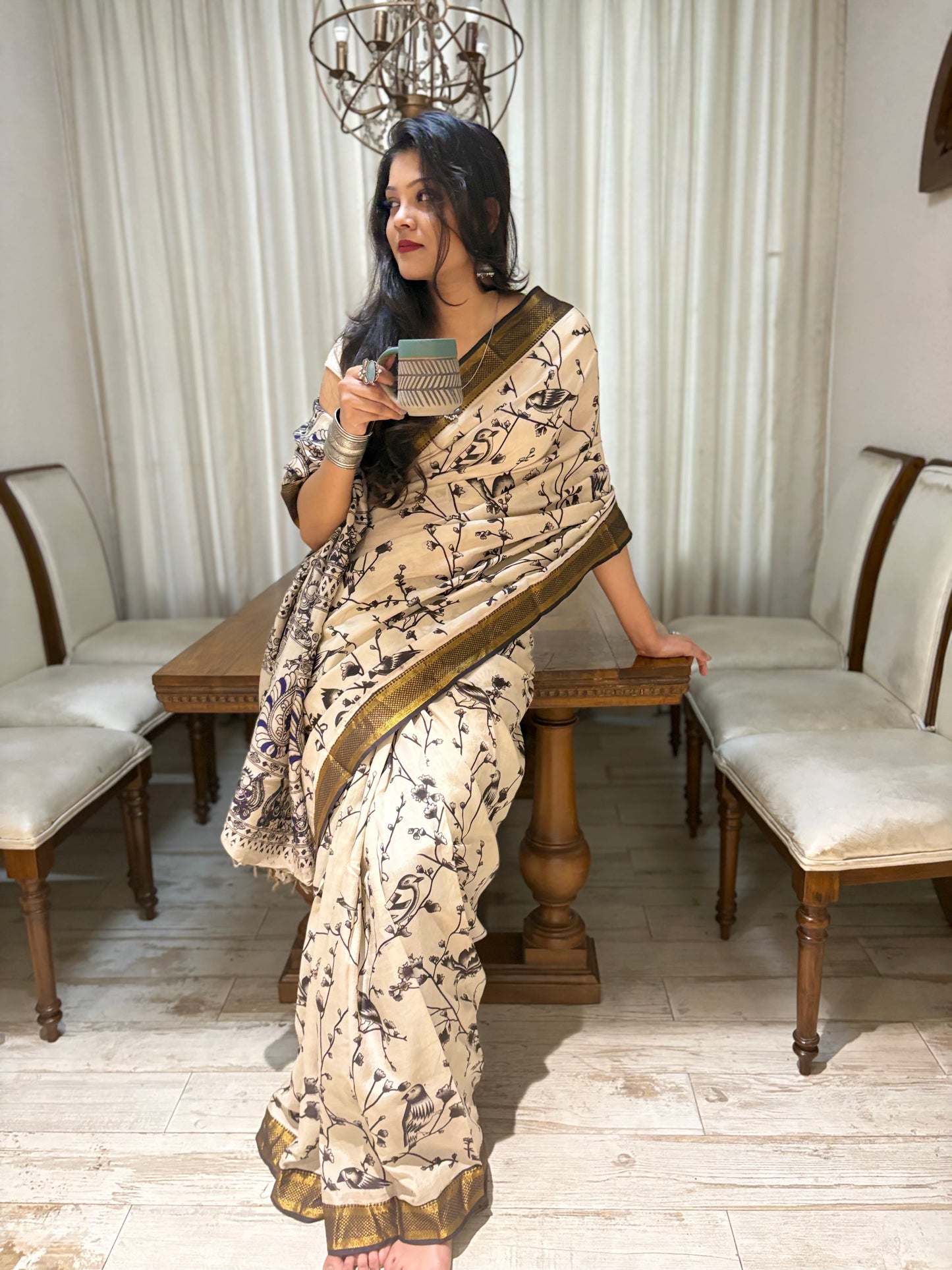 Kalamkari Beige Pure silk Saree