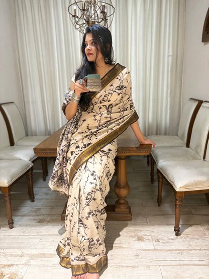 Kalamkari Beige Pure silk Saree