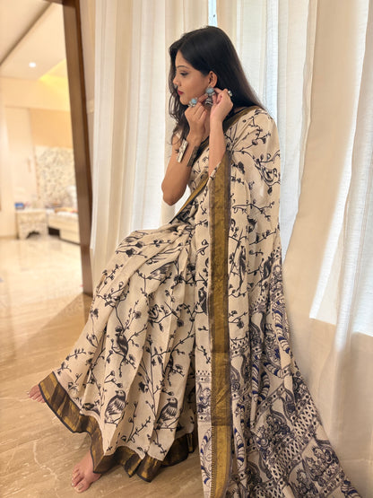 Kalamkari Beige Pure silk Saree