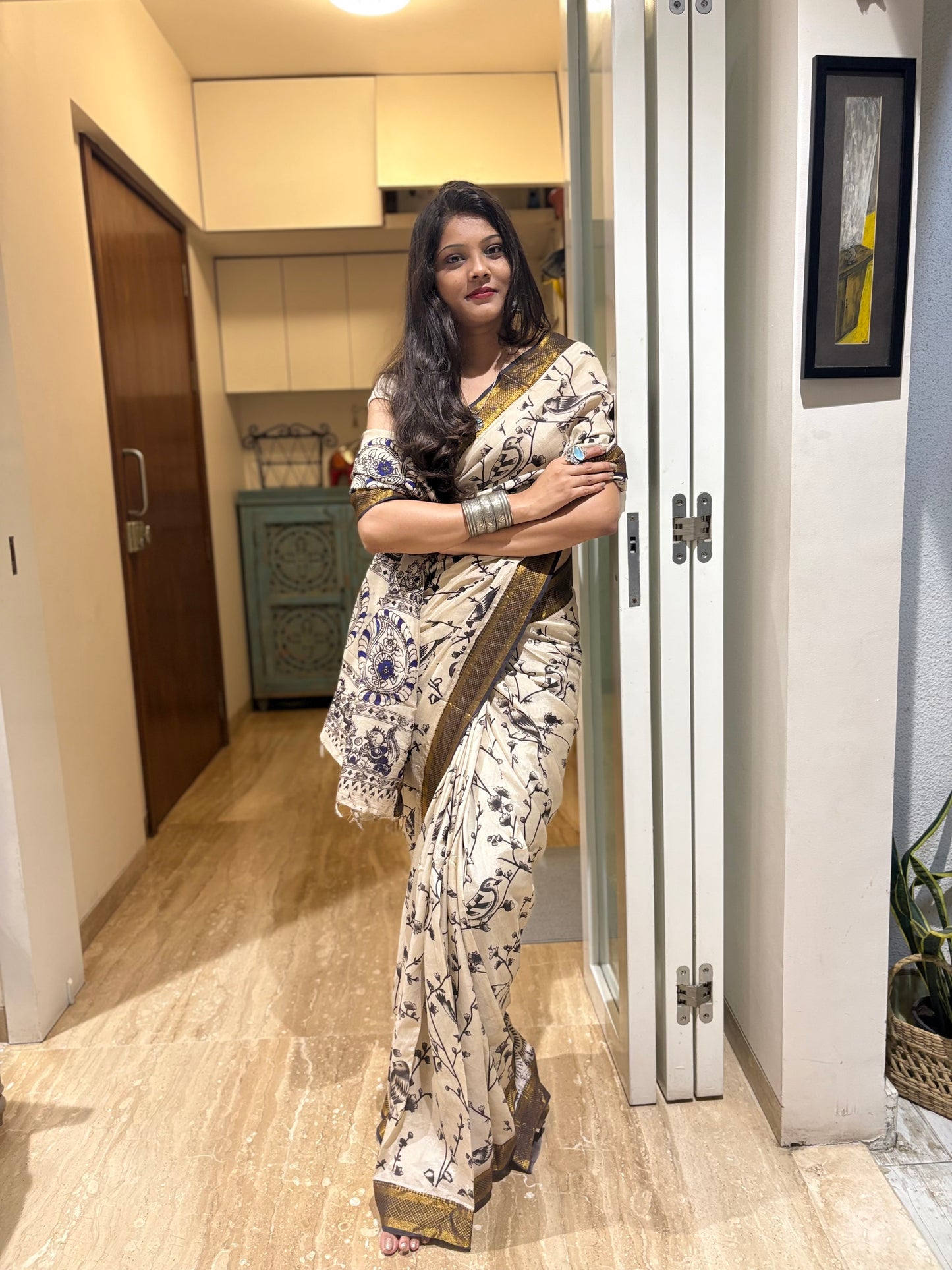 Kalamkari Beige Pure silk Saree